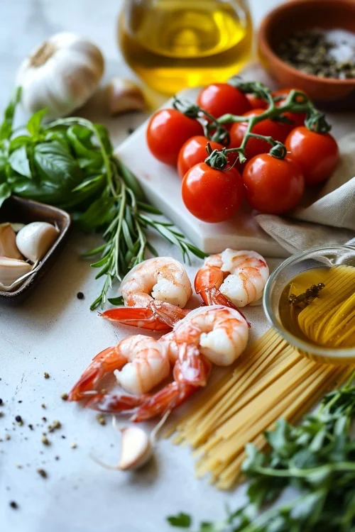 ingredientes espaguetis con gambas al ajillo y tomate